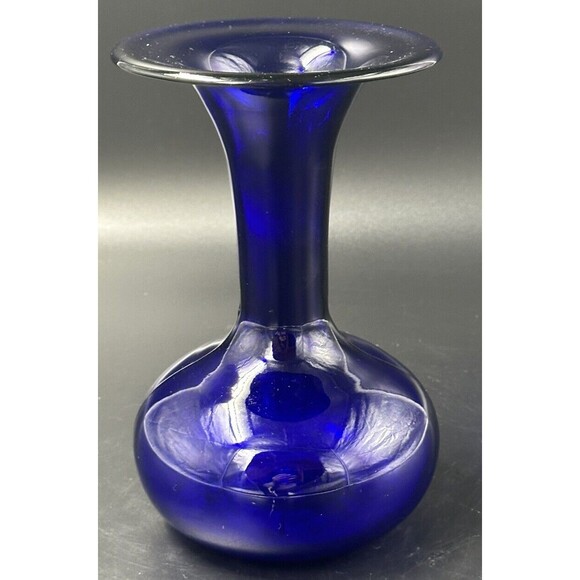 Vintage Handblown Deep Cobalt Blue Glass Flared Gooseneck Vase with Bulbous Base - Picture 3 of 6